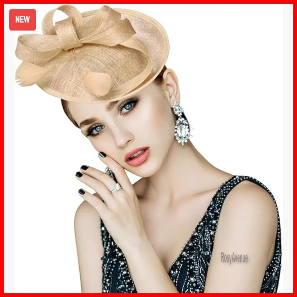 Handmade Linen Derby Fascinator Hat with Bow Feather Clip for Women